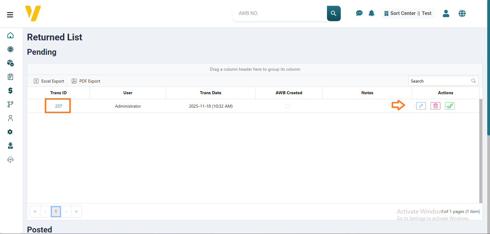 Confirm Return to Shipper