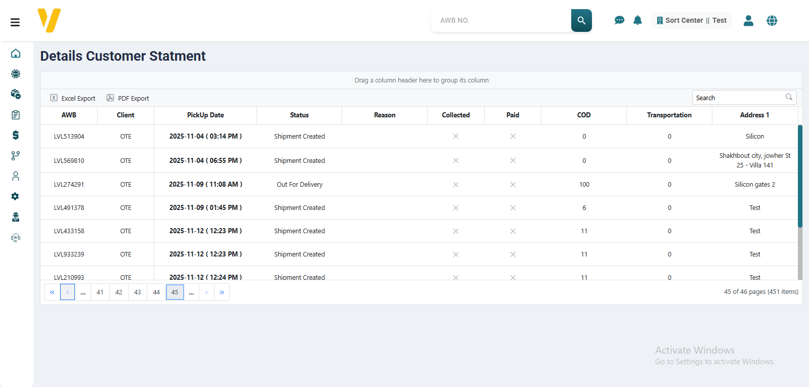 Customer Statements Shipments